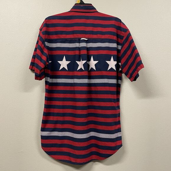 VTG Chaps Ralph Lauren Button Down Shirt Blue Red White Striped Stars Men Medium - Picture 5 of 7